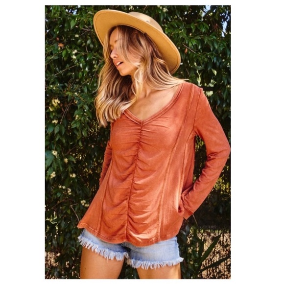 โ๐ผ #1380 Fun Rusty Ruched Stone Washed V Neck Long Sleeve Top - Picture 6 of 17